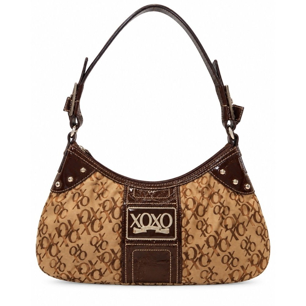 Y2K Monogram Logo XOXO Hobo Shoulder Bag Brown Canvas Faux Leather Trim Vintage